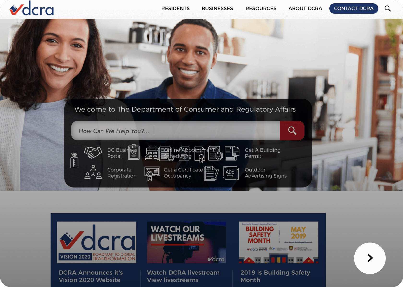 Screenshot of the DCRA website