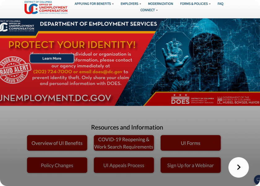 Screenshot of the Unemployment website